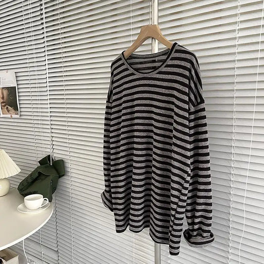 Korean Striped Loose Fit Long Sleeve T-Shirt for Women – Casual Spring/Autumn Top