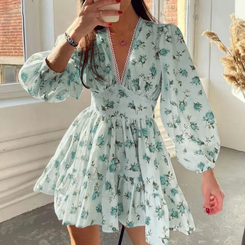 Floral Print V-Neck Mini Dress – Long Sleeve, High Waist A-Line | MODIVA