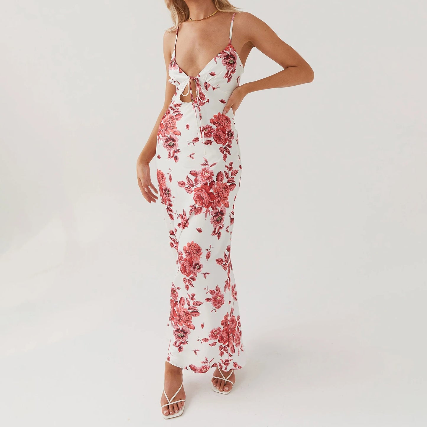 Summer Floral Backless Spaghetti Strap Maxi Dress – Elegant Tie-Up Sleeveless Beach Dress