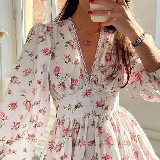 Floral Print V-Neck Mini Dress – Long Sleeve, High Waist A-Line | MODIVA
