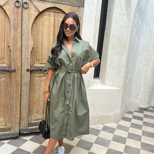 Lace-Up Buttoned Casual Dress – Short Sleeve, Turn-Down Collar | MODIVA